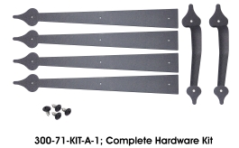 300-71-KIT-A (Americana Spear End Hardware Kit A includes 4 Spear End 16" hinges, 2 Pull Handles, screws for hinges and thru bolt kits for the handles. Black Stamped Steel.)